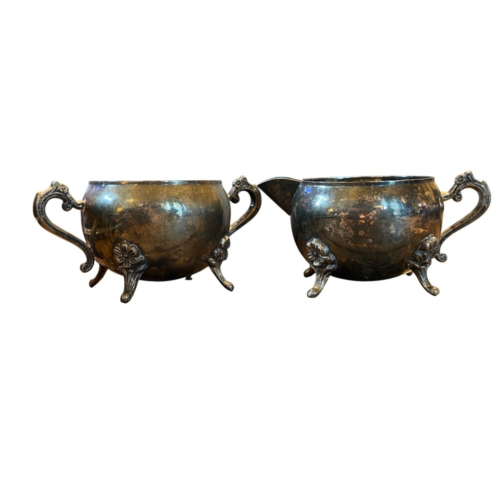Vintage Silver Plated Ornate Footed Creamer and Sugar Bowl Set Patina Victorian